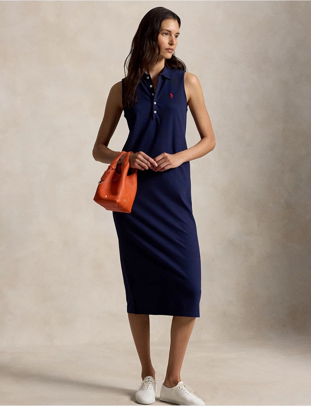 Polo Ralph Lauren Stretch-Cotton Sleeveless Polo Dress navy with red pony size L